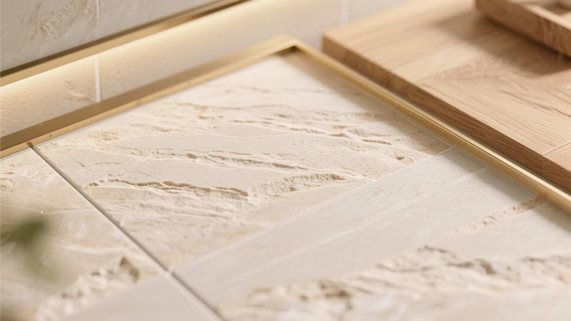 Close up of warm stone tiles with textured surface next to a light wood floor