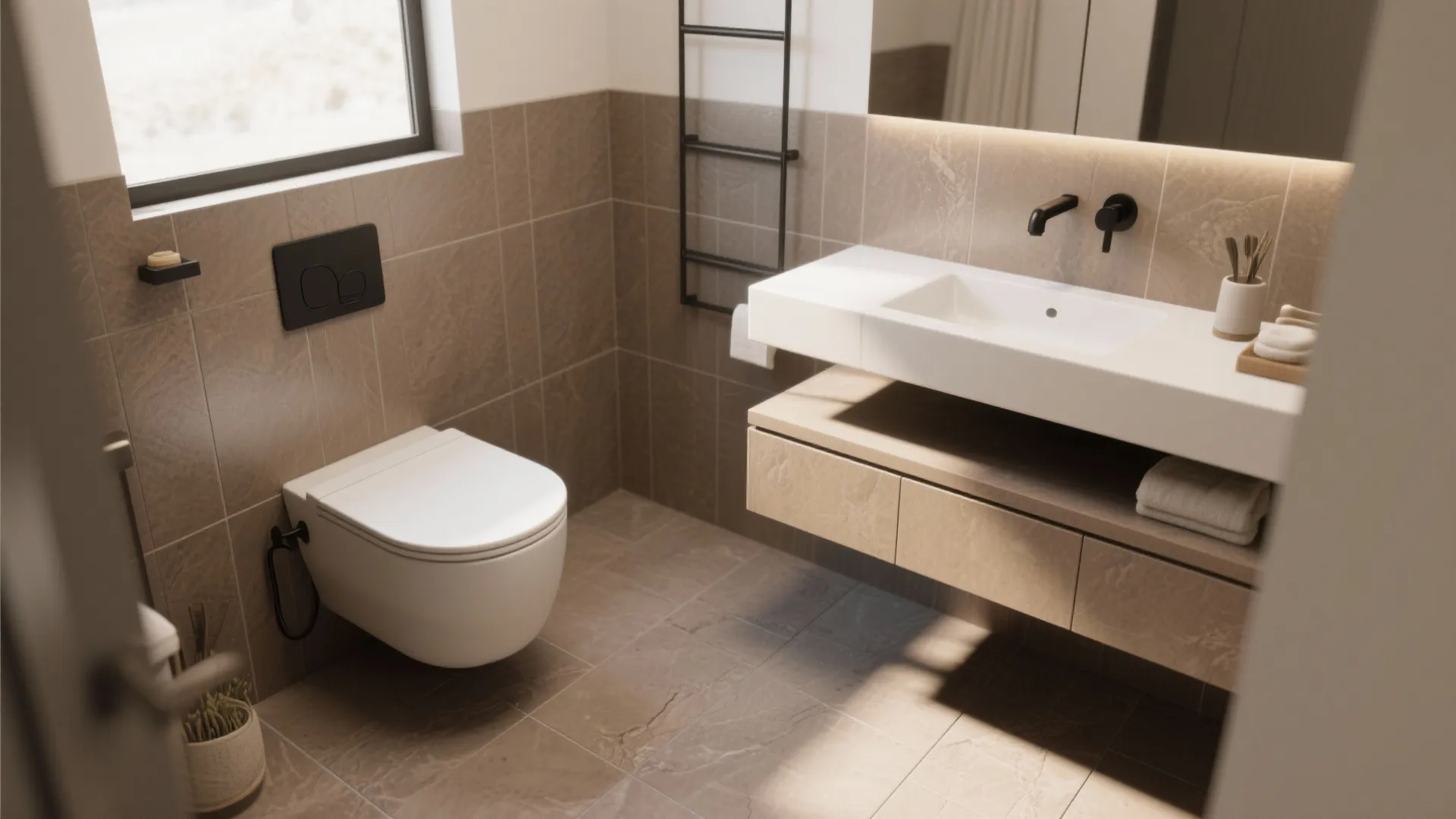 Warm stone-look matte tiles to soften the spa vibe