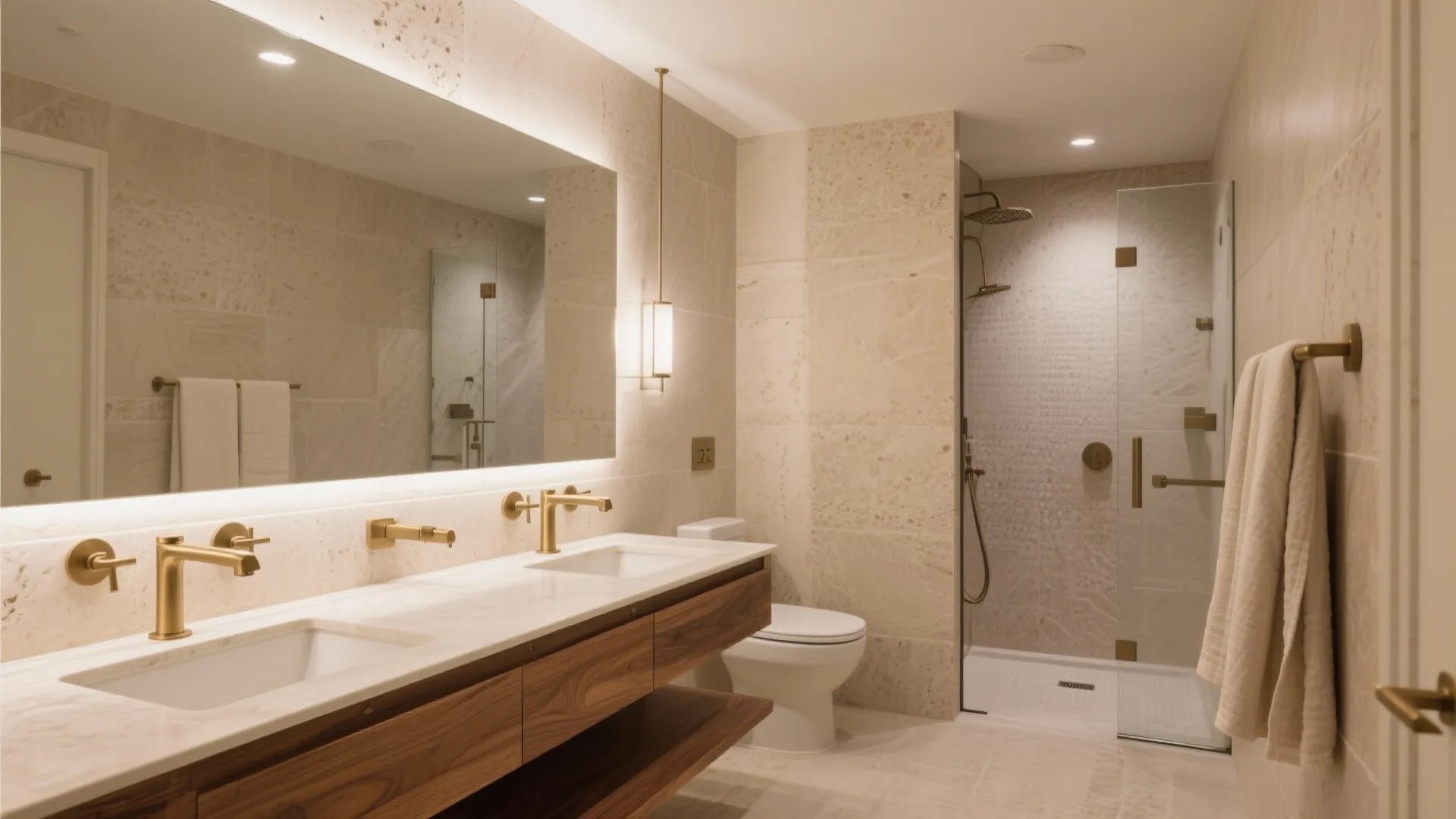 4) Warm stone palettes with mixed materials