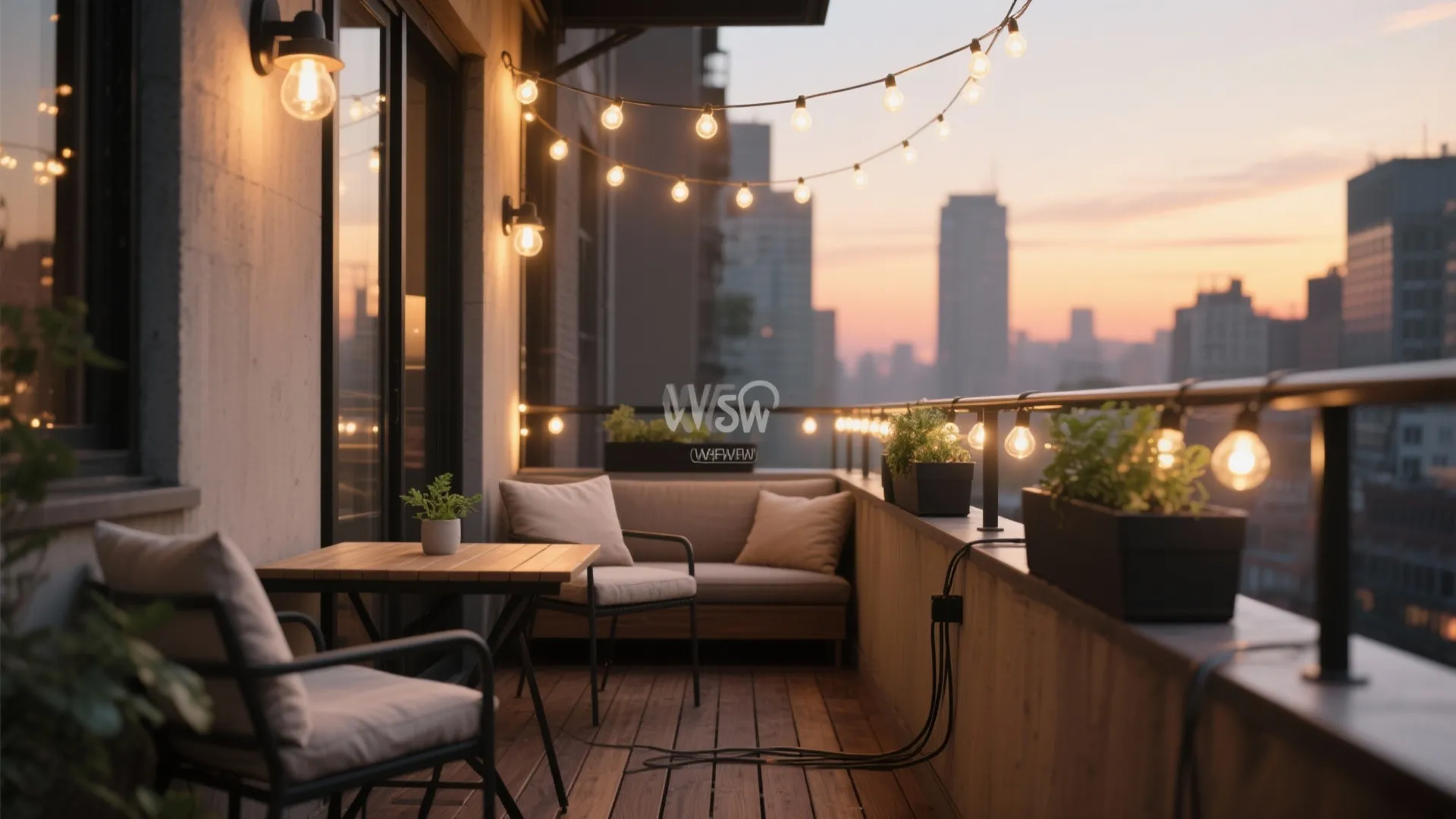 Cozy balcony with string lights wooden floor small table grey sofa chairs and city view
