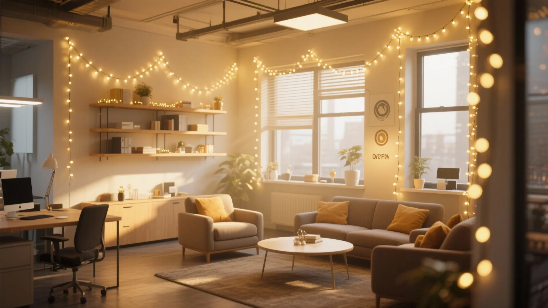 Cozy office lounge area with warm string lights grey sofa yellow pillows and wooden table