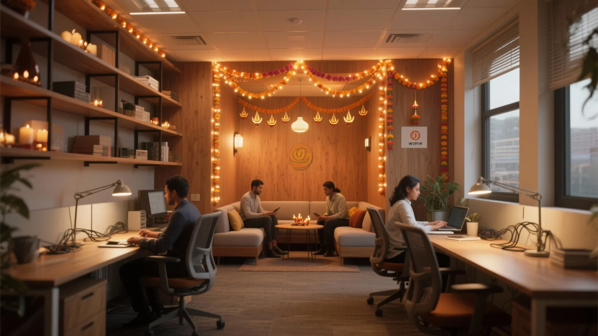 2. Warm String Lighting with Task-Friendly Layouts