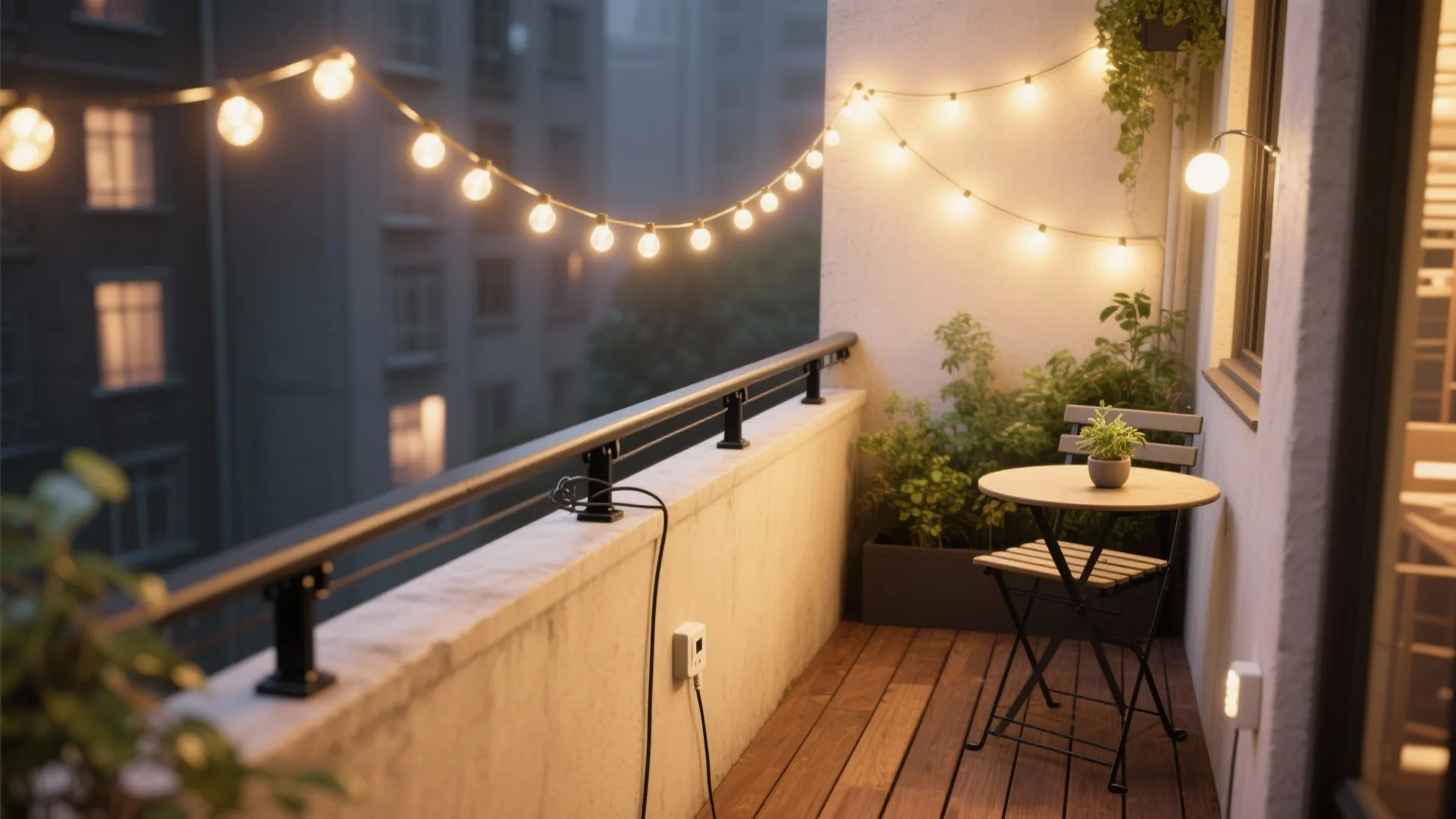 Cozy balcony with wood flooring small round table metal chair warm string lights and plants