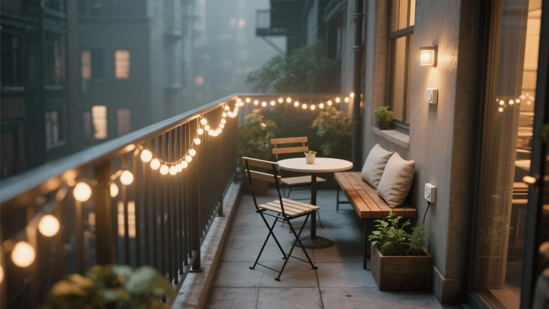 Cozy balcony with warm string lights hanging on the railing near a wooden bench table