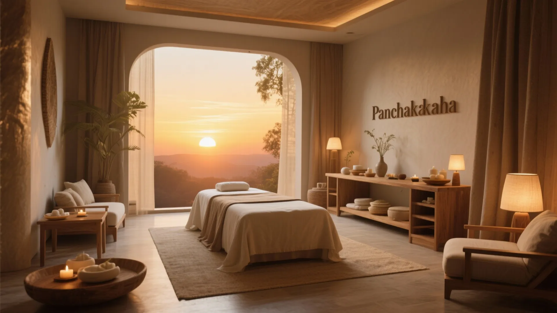 Spa treatment room featuring massage bed wooden cabinet and large arched window overlooking golden sunrise
