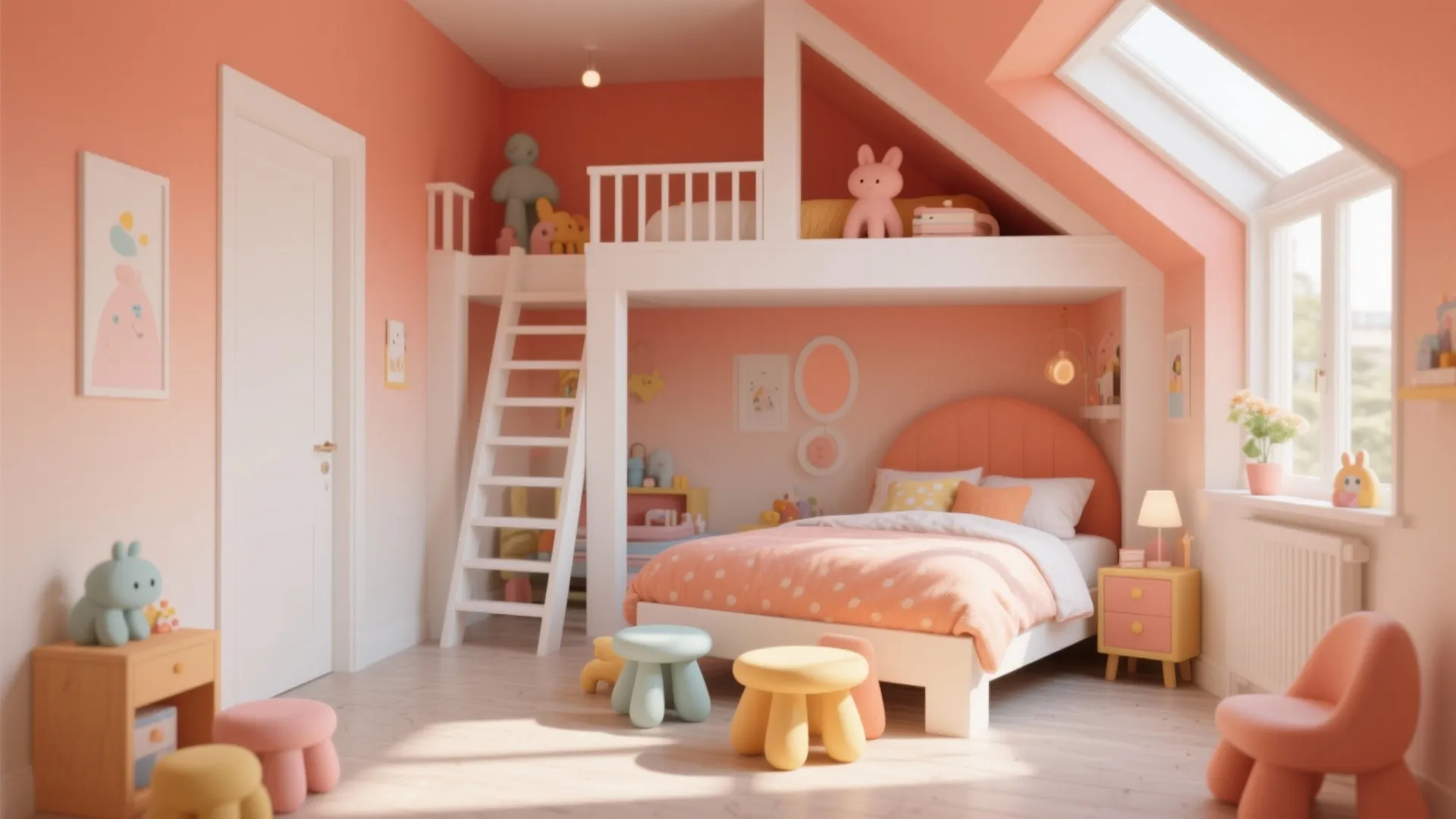 Warm peach kids bedroom featuring a white bunk bed with ladder and colorful small stools