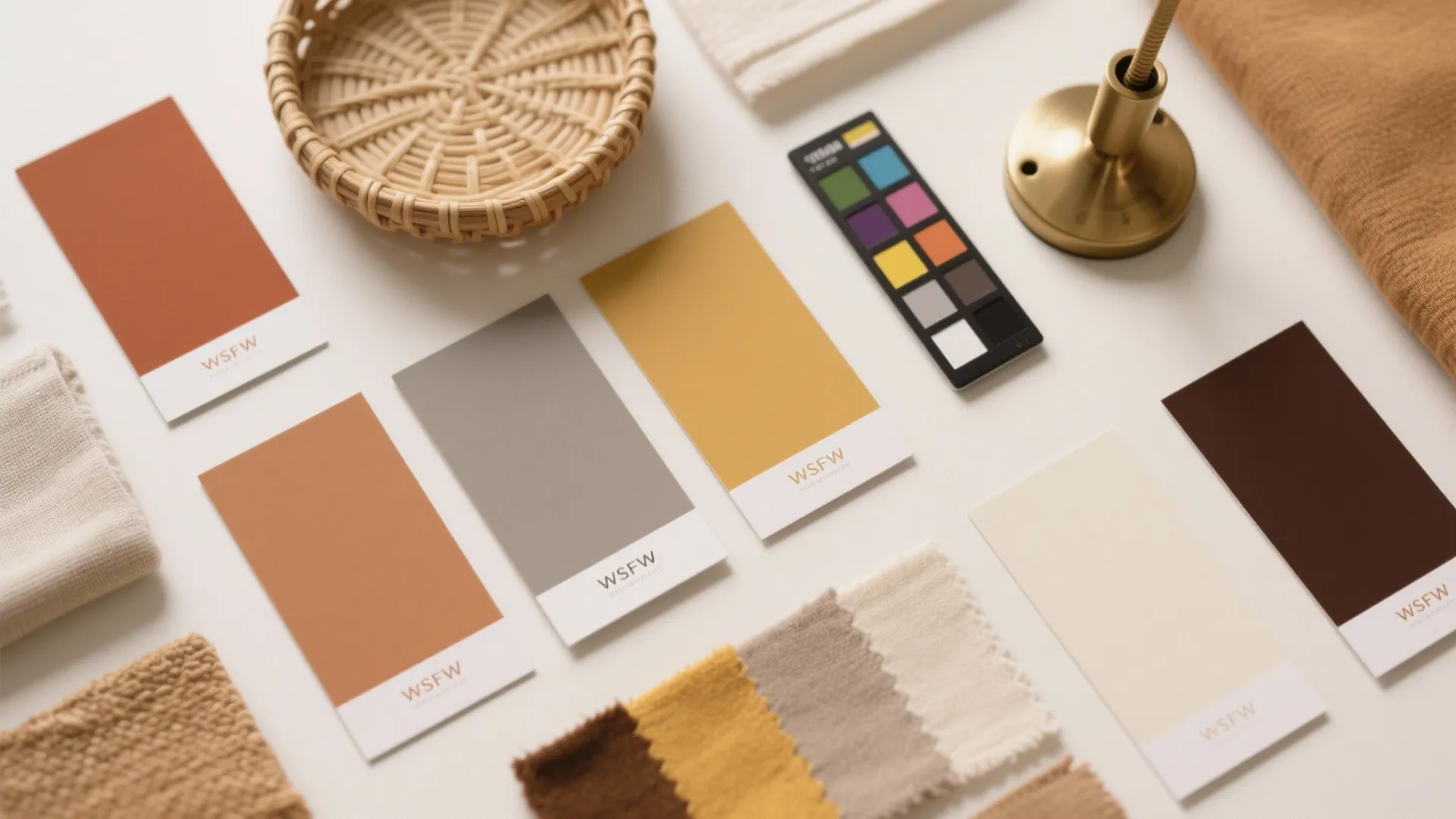 Warm colored paper swatches mixed with fabric pieces a small basket and a metal lamp