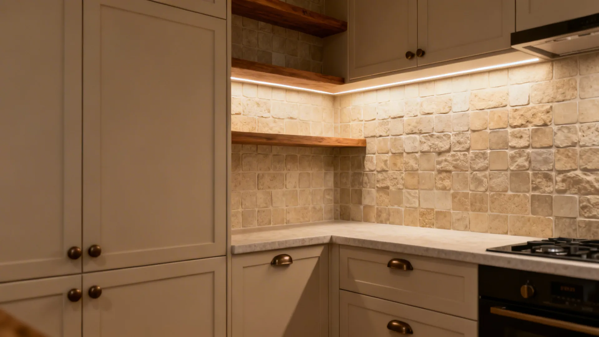 Cozy compact kitchen with sand-toned textured mosaic, oak shelves, and matte metal accents.