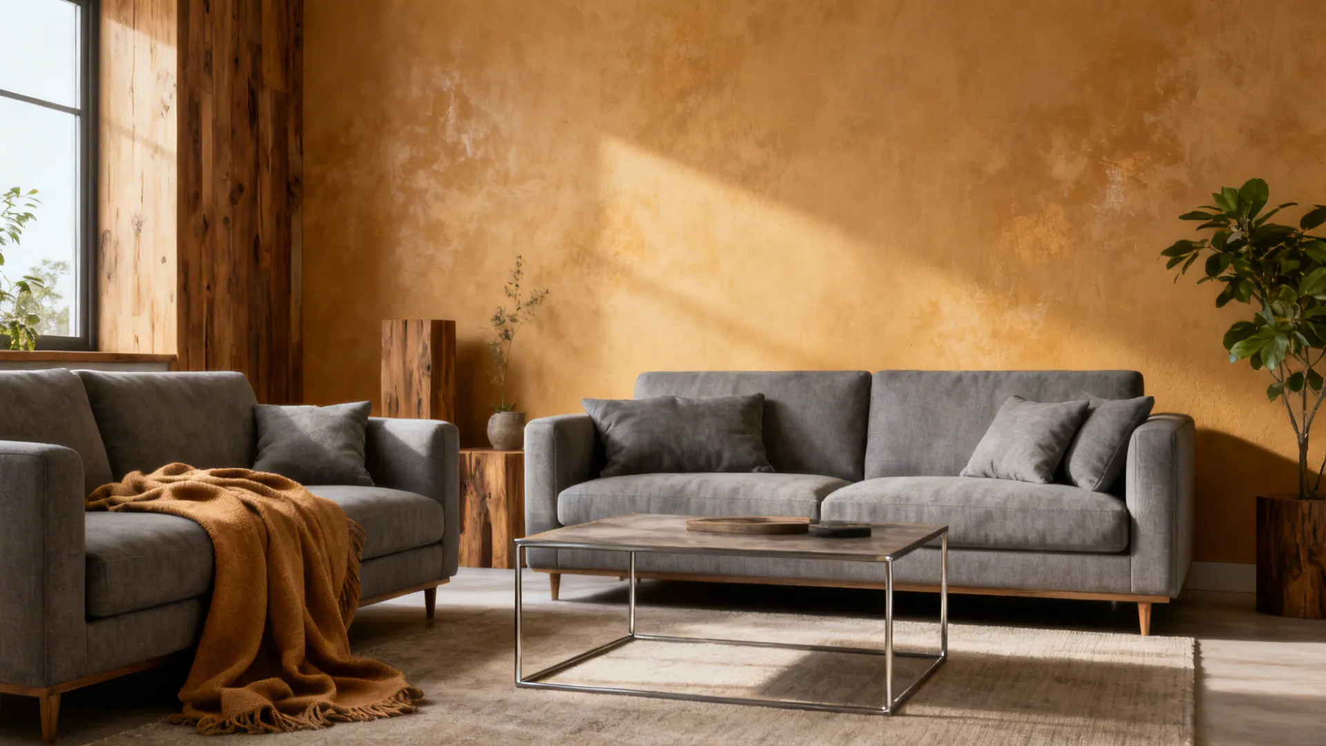Modern living room with tan walls grey sofa metal coffee table tan blanket and plant