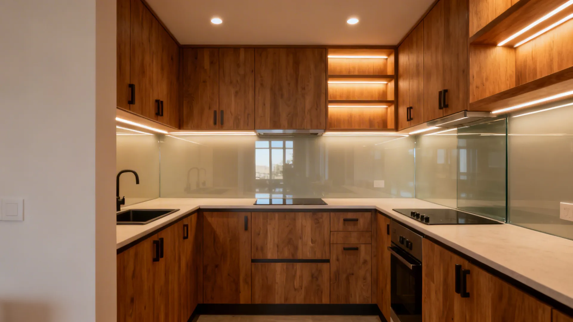 Small kitchen with warm oak cabinets and layered task lighting including under-cabinet LED strips.