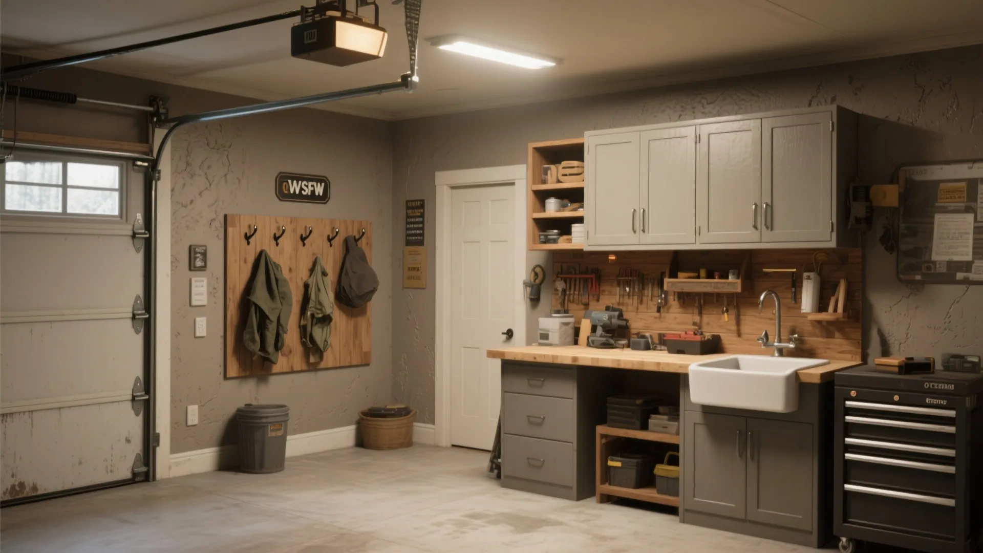 Organized garage workshop featuring wood workbench grey cabinets white sink wall hooks and ceiling light