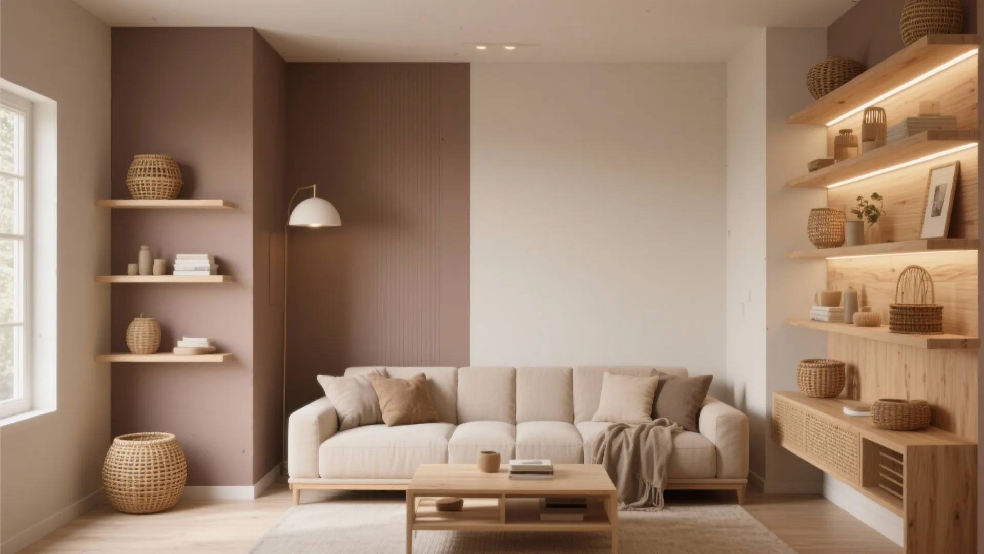 Compact living room with three warm taupe walls and one lighter wall, rattan and wood accents.