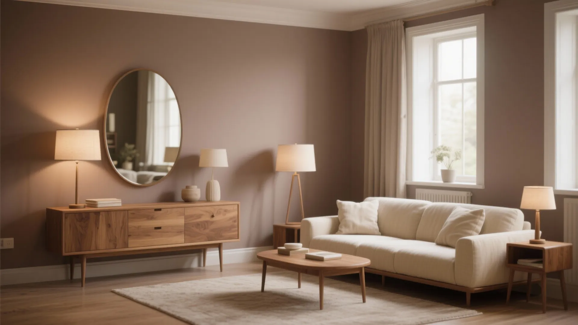 Modern living room with beige sofa wood coffee table round wall mirror and warm table lamps