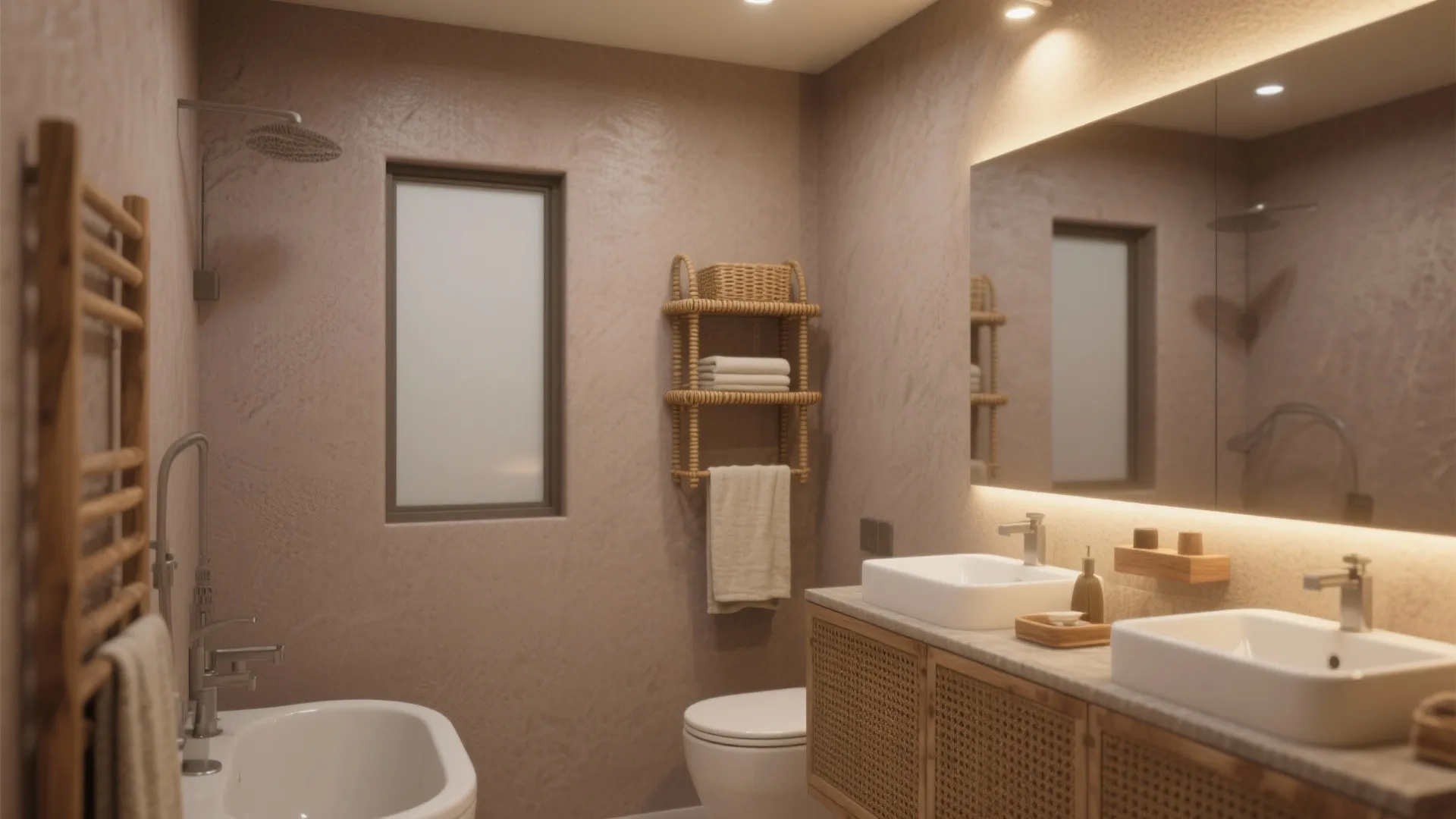Warm taupe bathroom with double sink cabinet large mirror toilet bathtub and wooden towel rack