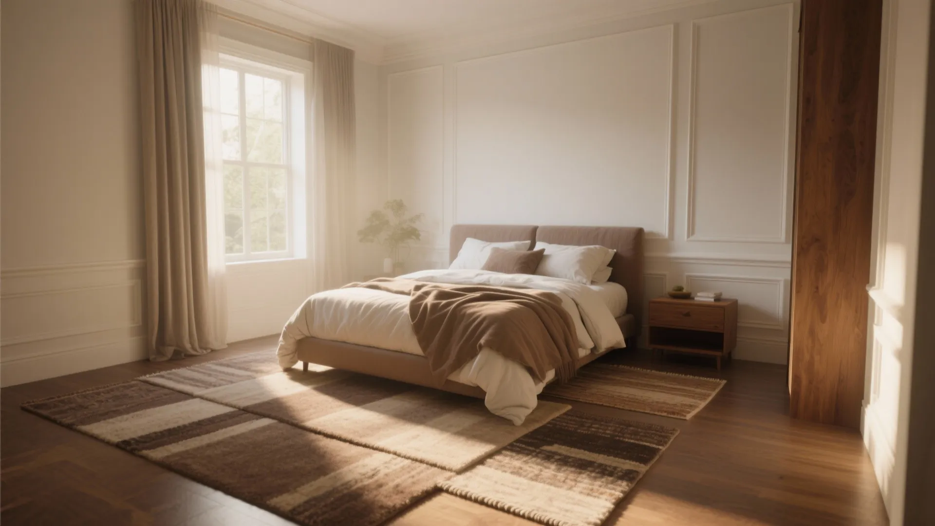 Warm brown bedroom with white wall panel design and large window with curtains plus soft rug
