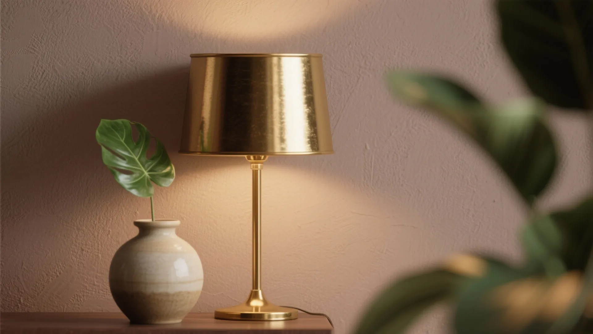 Macro detail of brass accent against warm taupe wall with plant and ceramic vase.
