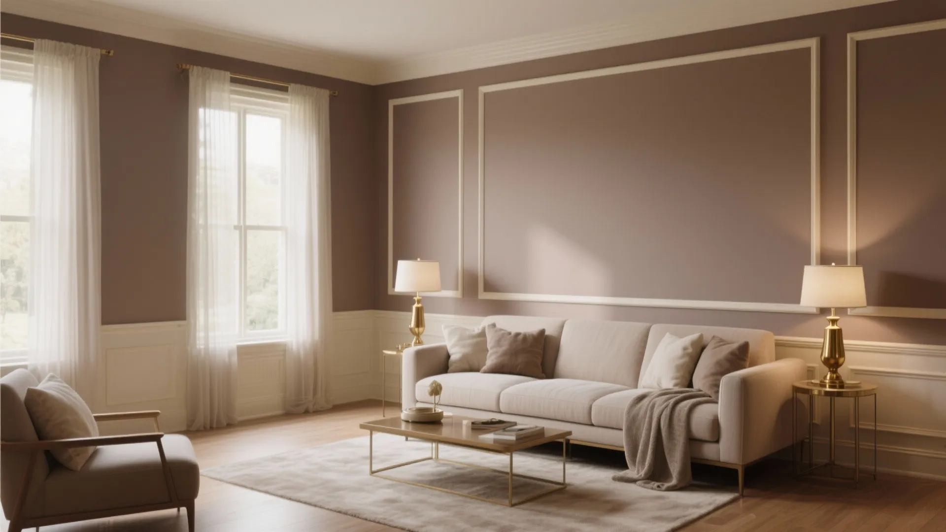 Living room with warm taupe walls and cream trim in a cozy setting