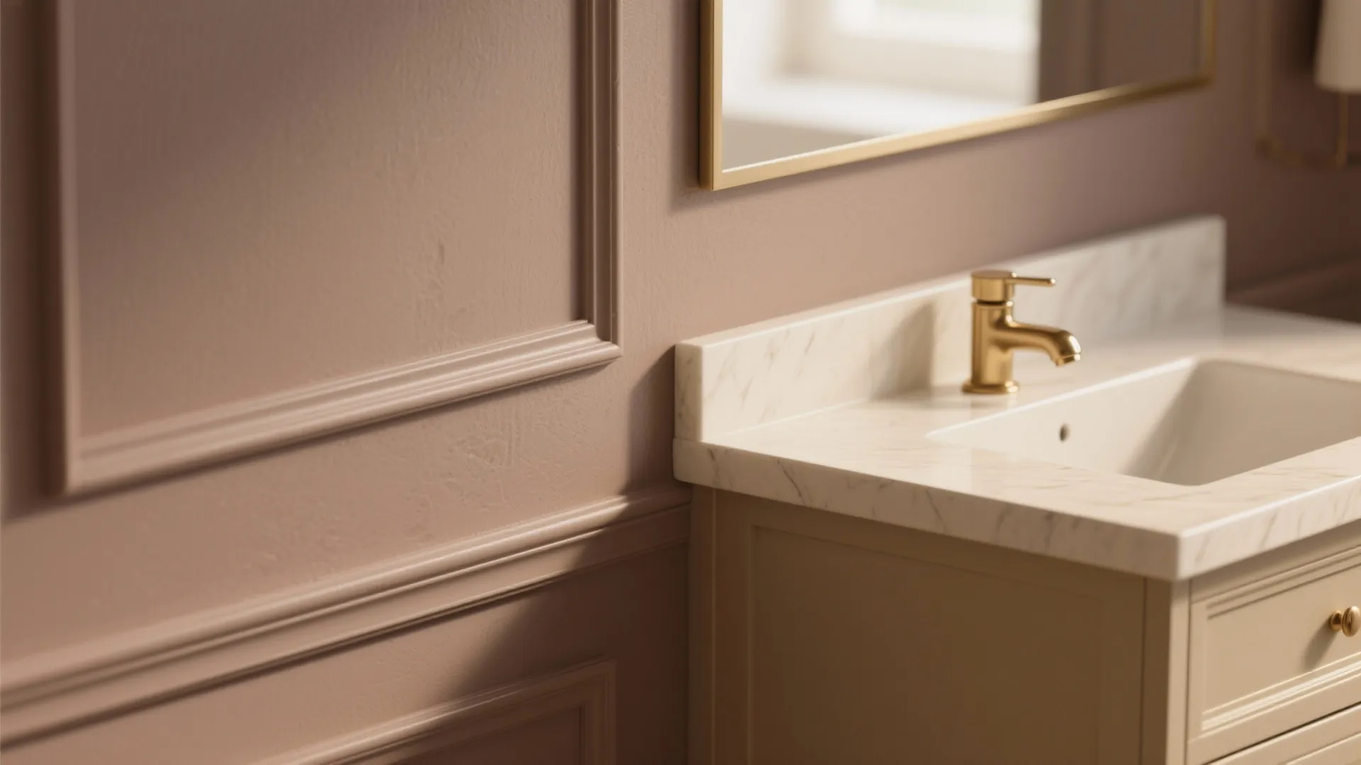 Close up bathroom wall panel marble cabinet gold faucet and mirror with warm soft lighting