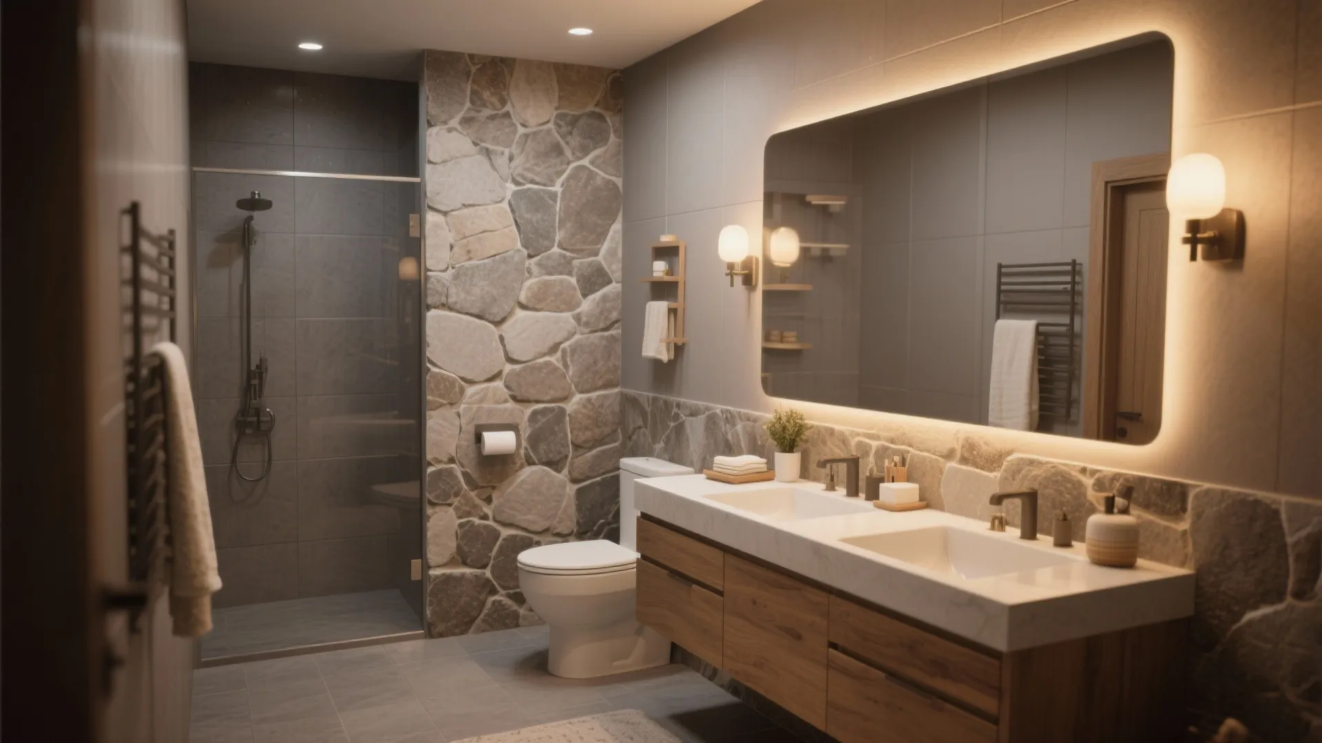 Bathroom interior with stone wall double sink cabinet large lighted mirror toilet and glass shower