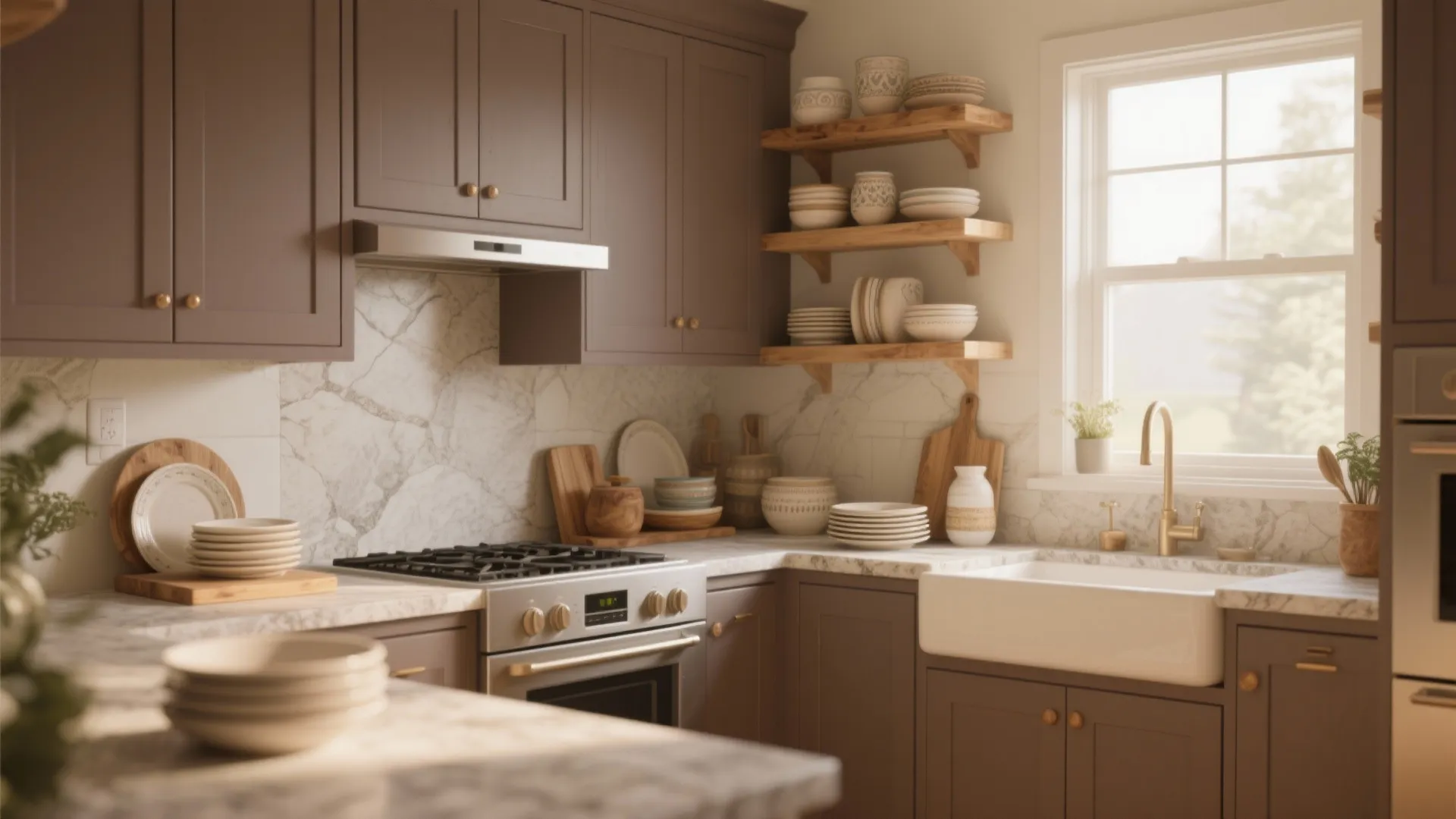 Warm taupe kitchen design with brown cabinets open wooden shelves marble countertop and white sink