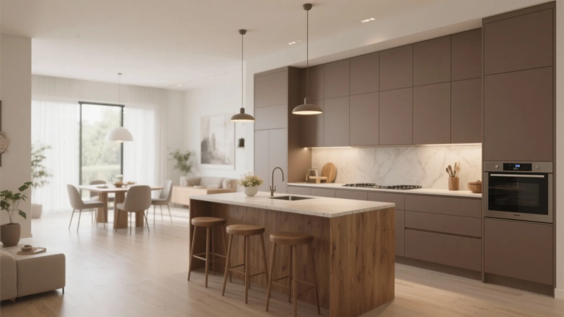 Warm brown kitchen with large island wooden stools and open view to the dining area