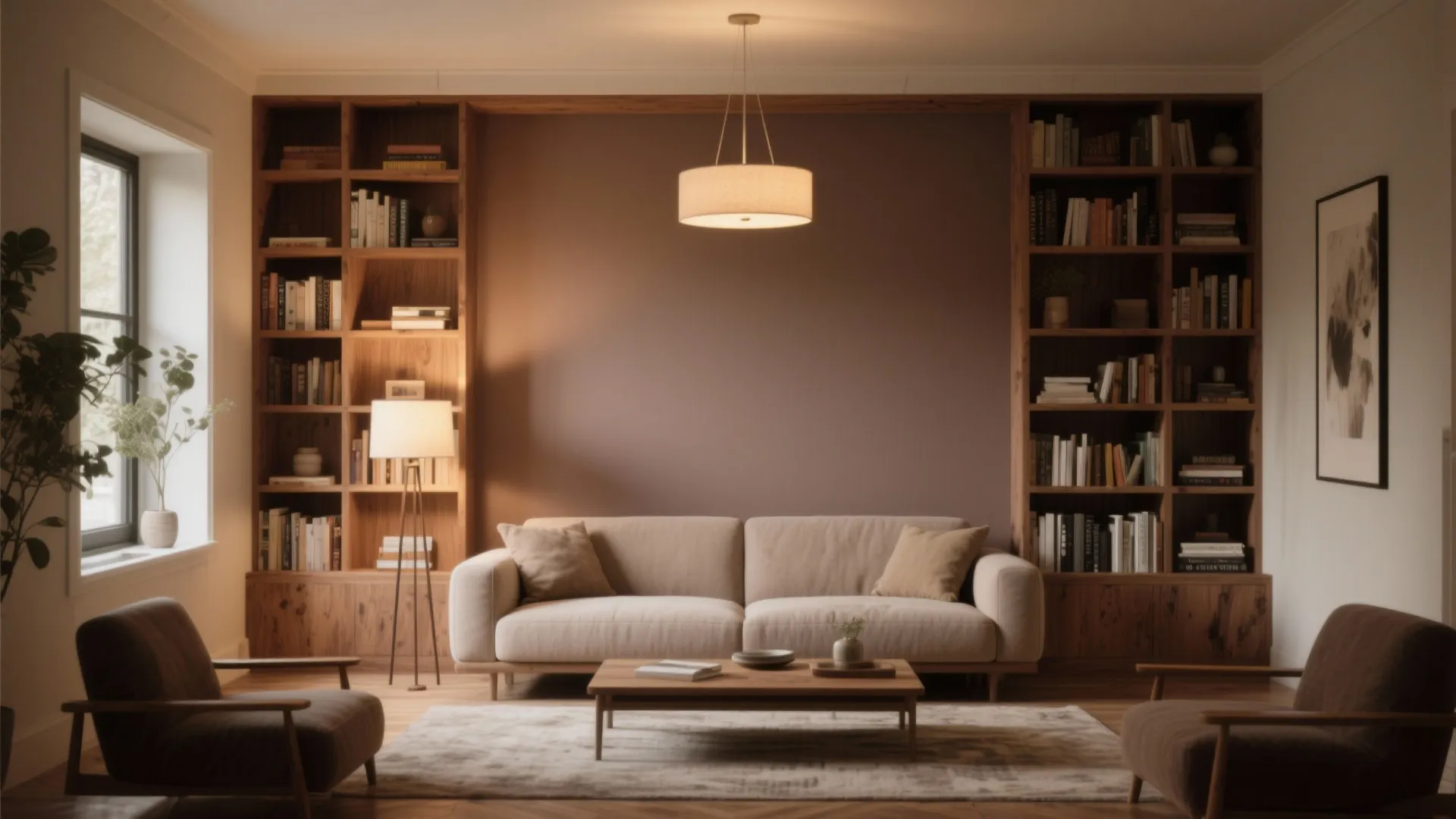 Warm living room with beige sofa wooden coffee table large bookshelves and a ceiling light