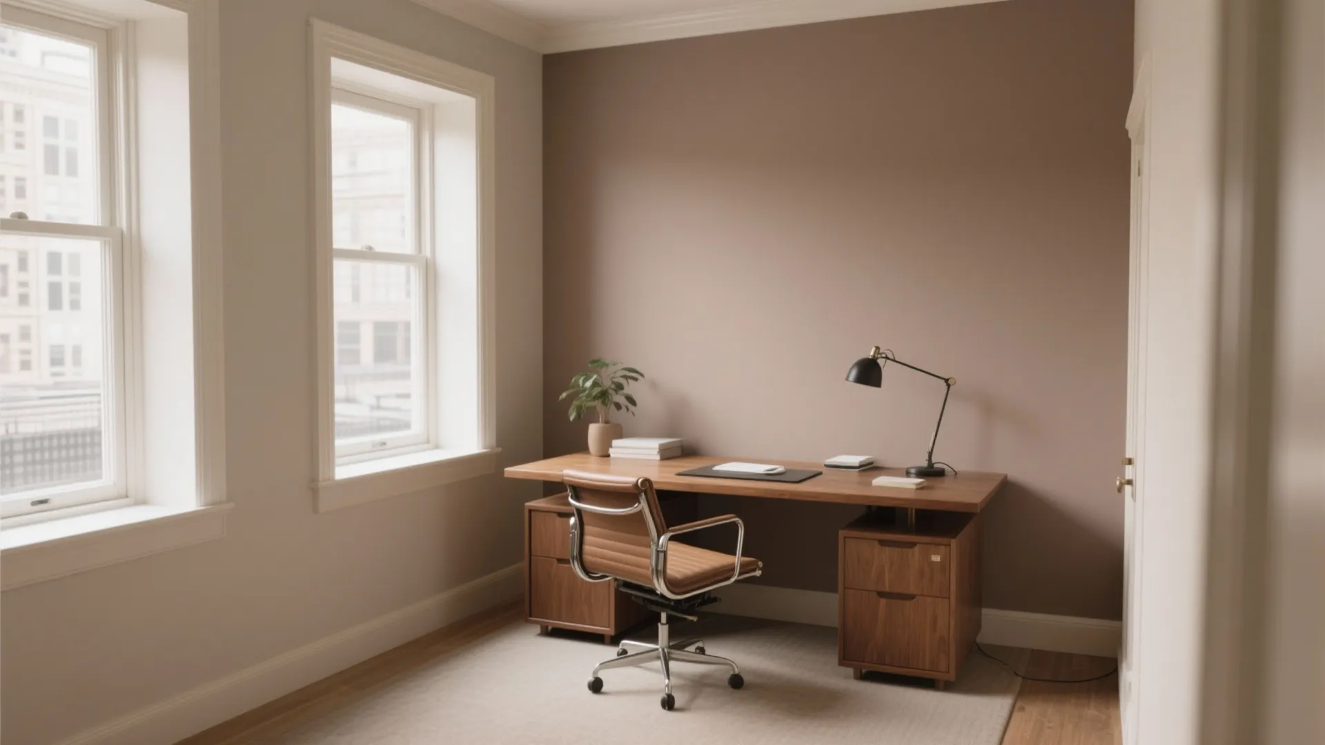 Elegant home office with warm taupe walls wooden desk brown leather chair and large window