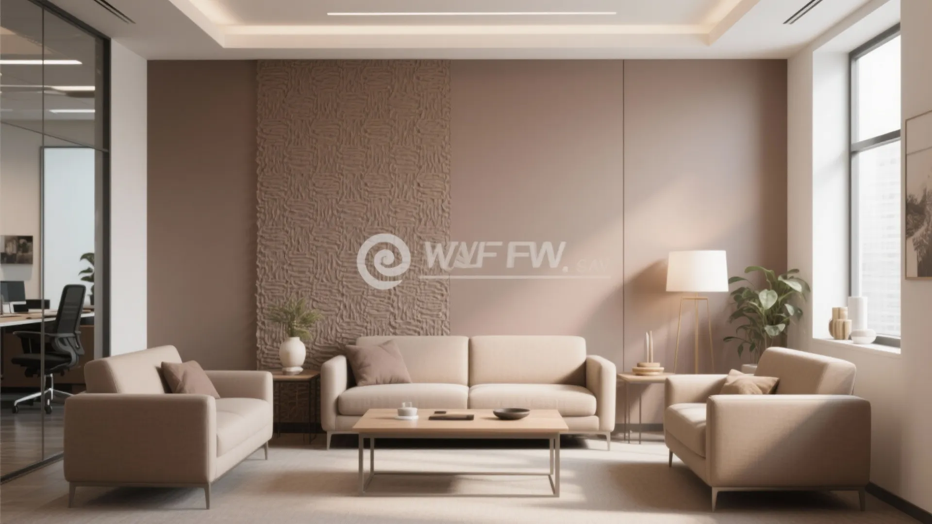 Modern lounge area with warm taupe walls beige sofas wooden coffee table and soft natural light