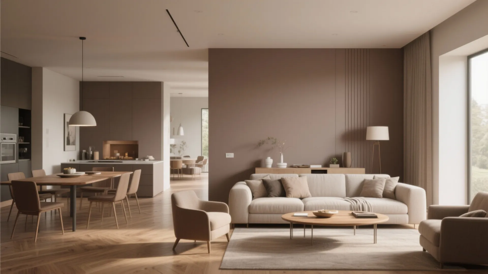Open plan living space with taupe walls white sofa wood dining table and kitchen view