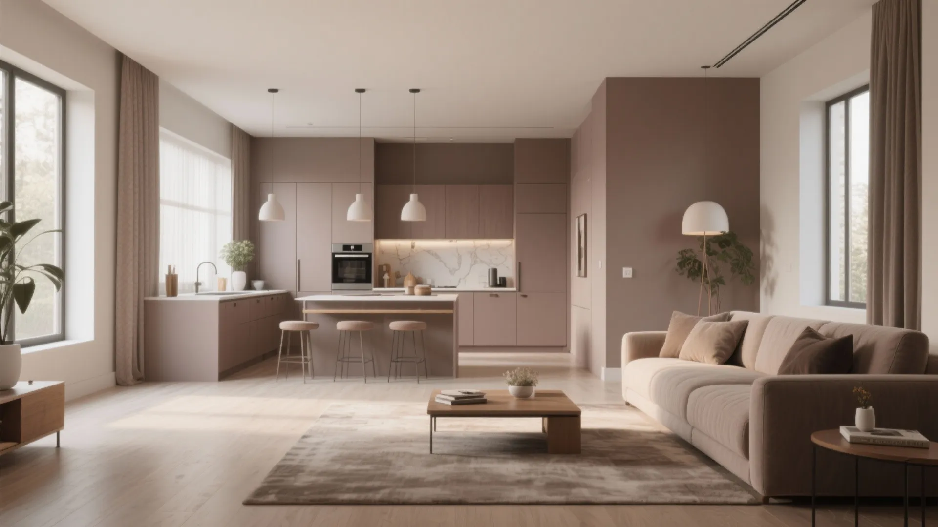 Minimalist taupe living room and kitchen area featuring beige sofa wooden coffee table and white lights