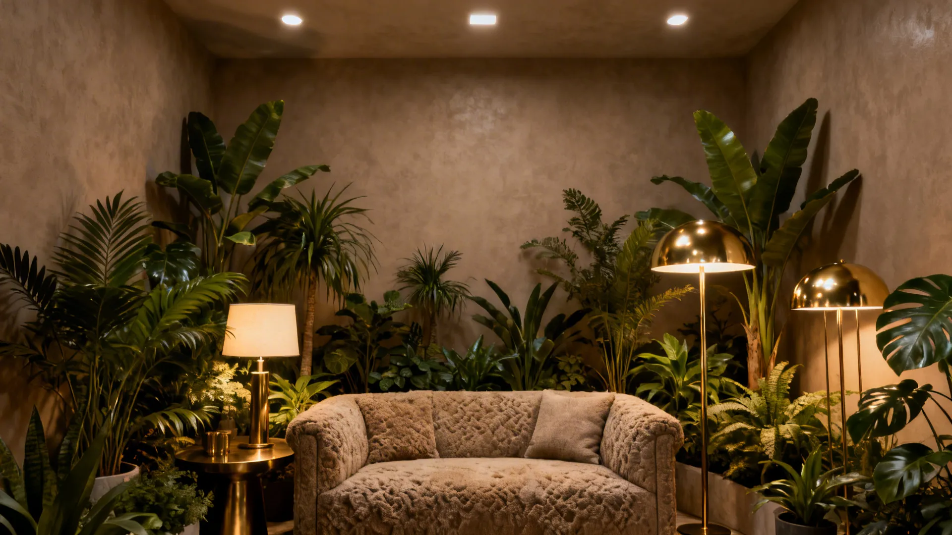 Living room with light warm taupe walls and lush indoor plants with brass accents