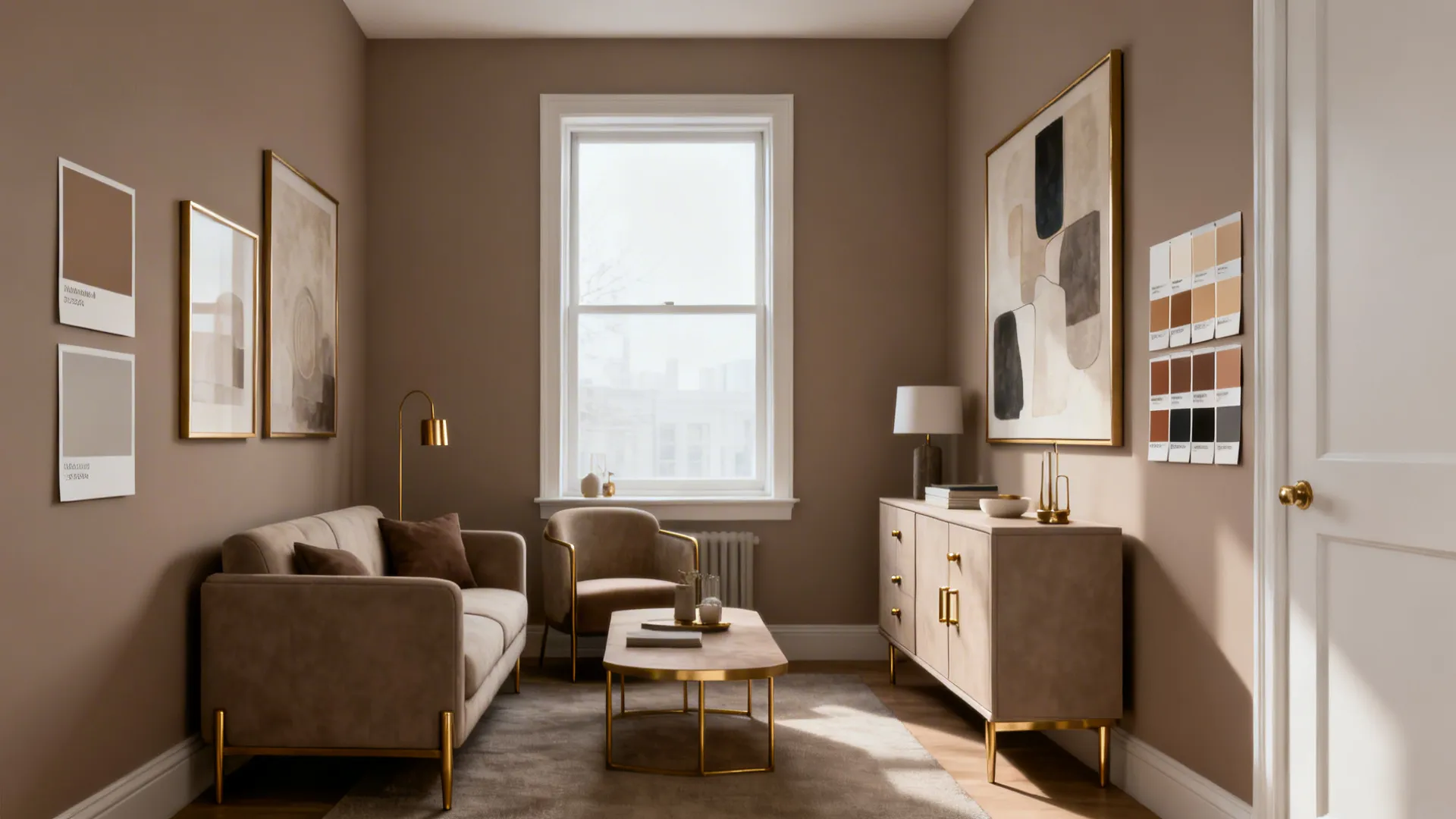 Compact living room with warm taupe walls, brass accents, and unified mismatched furniture.