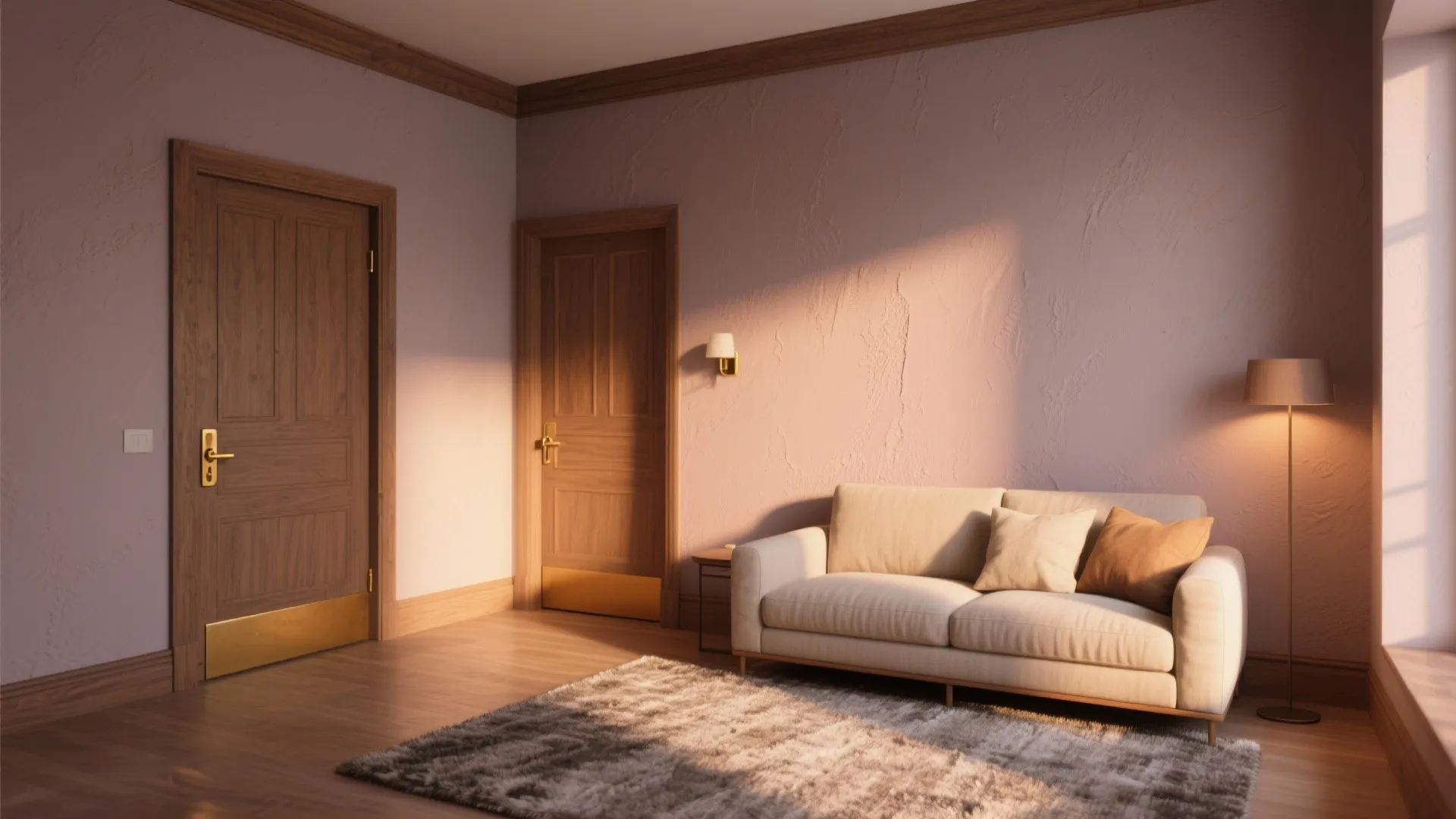 Minimalist living room featuring a beige sofa wooden doors floor lamp and warm sunset lighting