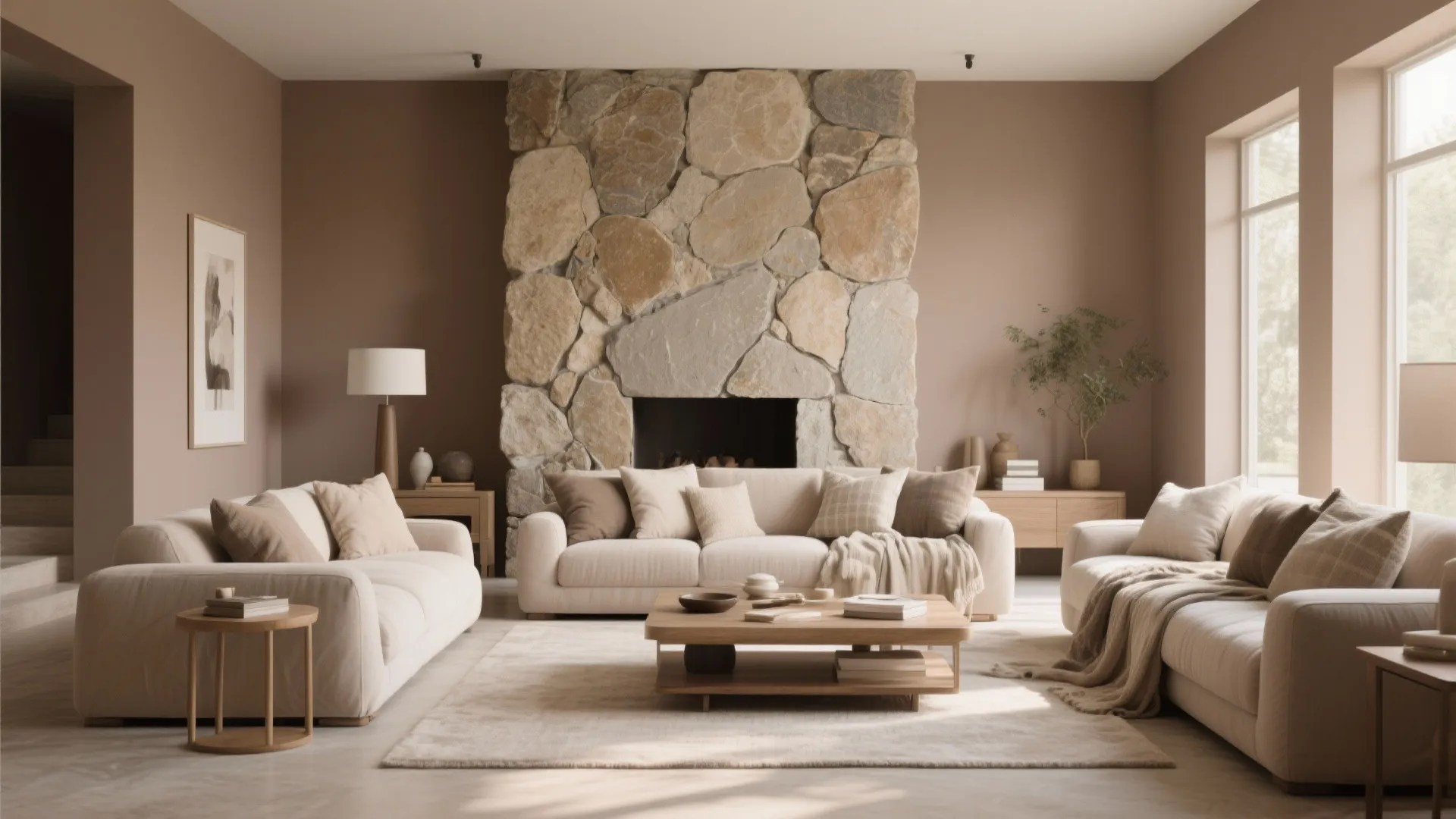 Warm living room with large stone fireplace beige sofas wooden coffee table and soft natural light