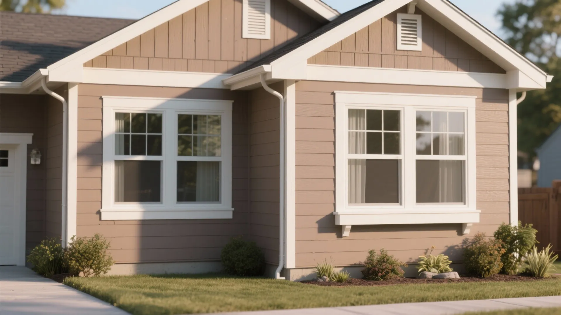 Exterior view of taupe house siding with white windows, white trim, and small green plants