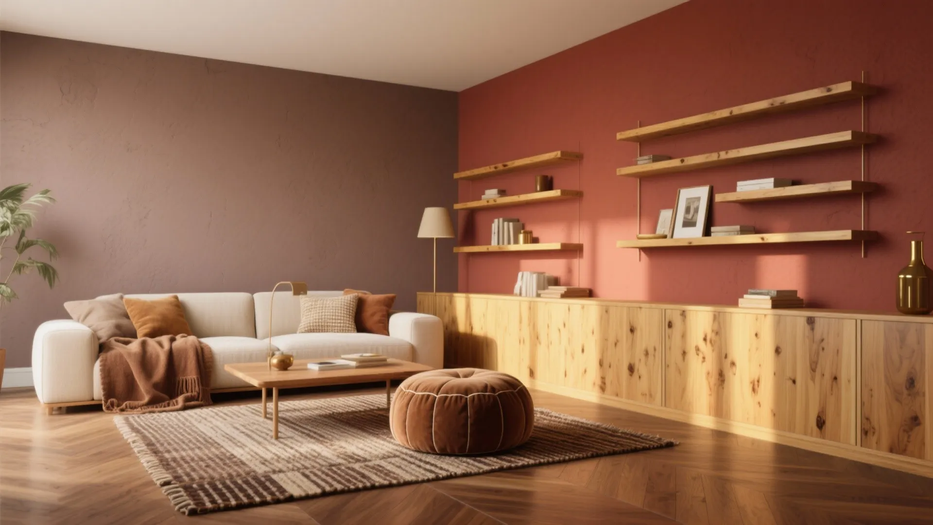 Modern living room with white sofa wooden cabinets striped rug brown footrest and red wall panels