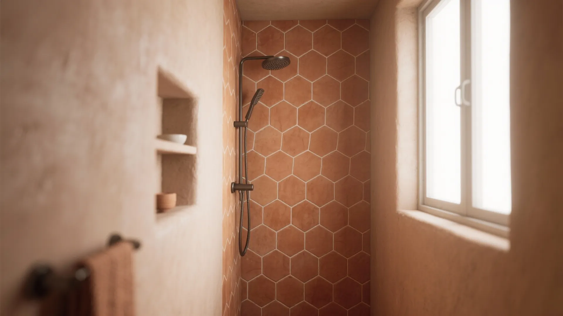 Modern walk-in shower with orange hexagon wall tiles black shower head and bright window light