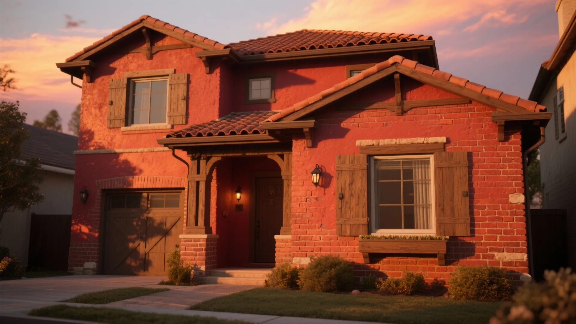 Red brick house at sunset with wooden shutters garage door and a warm light fixture style