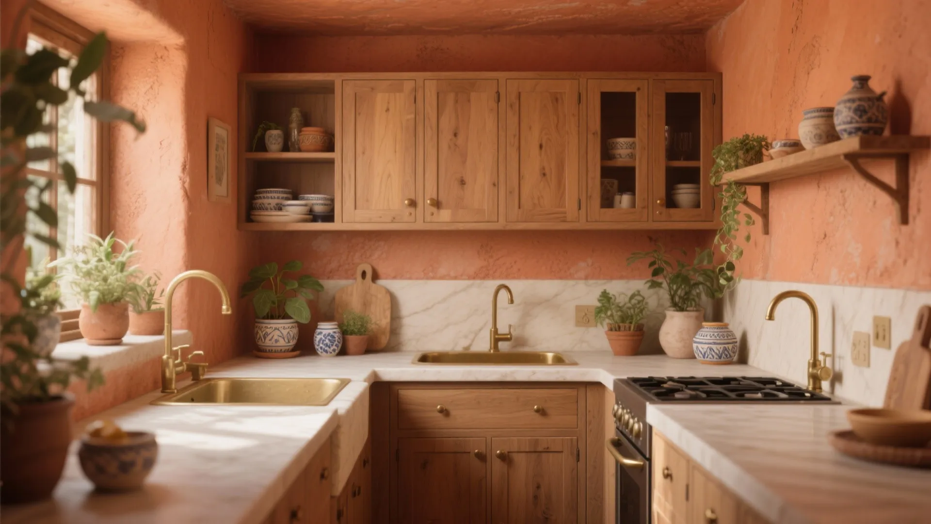 Rustic kitchen with warm terracotta walls wooden cabinets marble backsplash brass sink and green plants