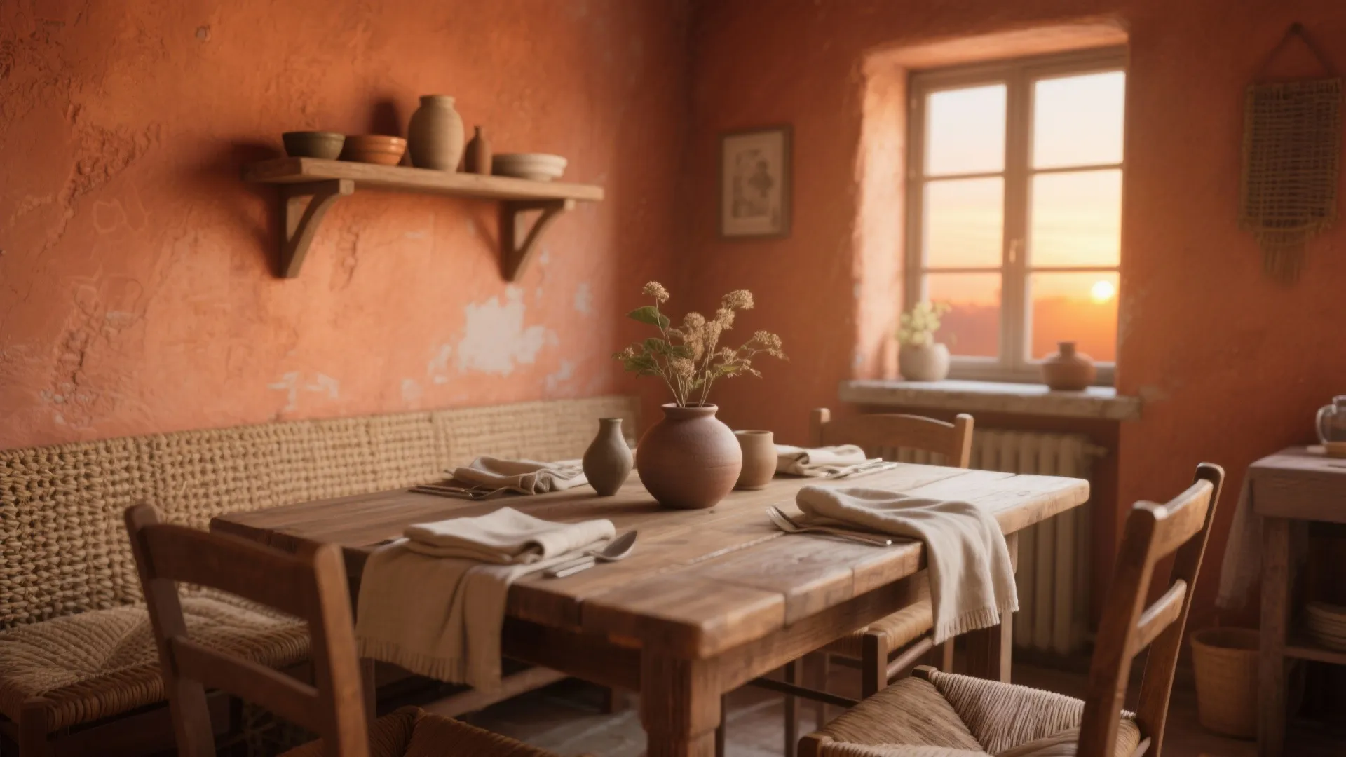Rustic dining room with orange walls wooden table woven chairs pottery shelf and window light