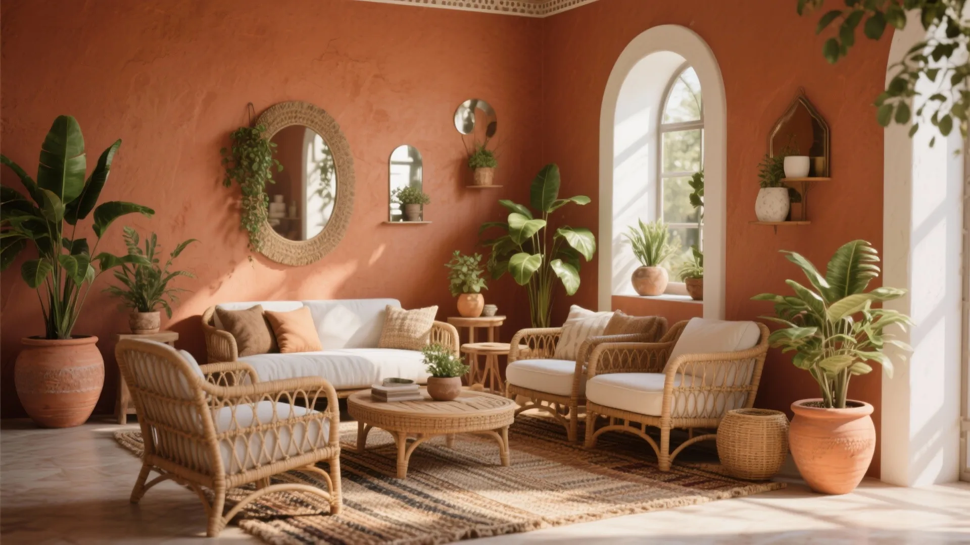 Terracotta-walled drawing room with rattan seating, plants and sunlit Mediterranean warmth.