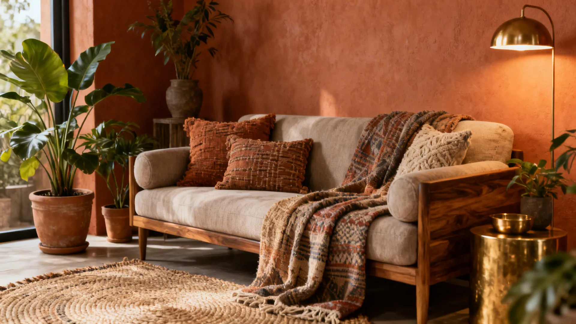 Compact living room with muted terracotta walls, wood furniture and textured textiles.