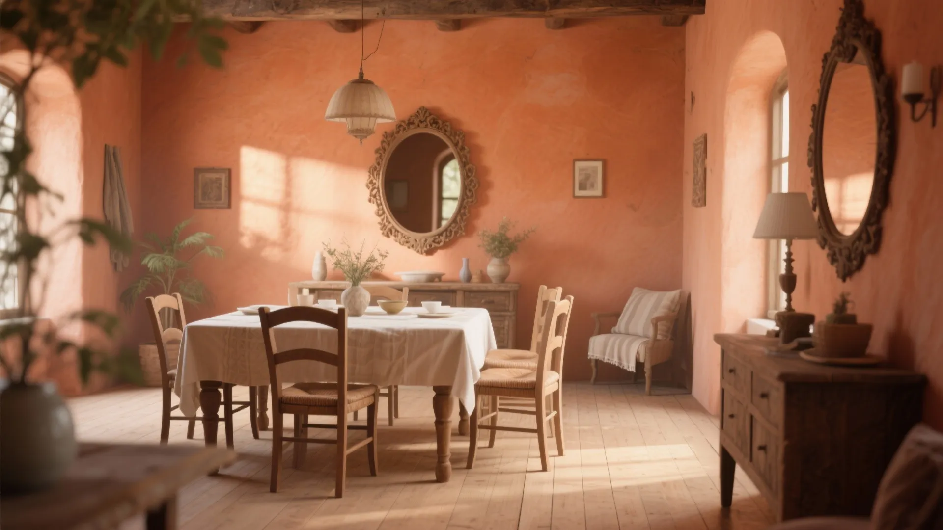 Terracotta painted dining room with pale flooring and mirror