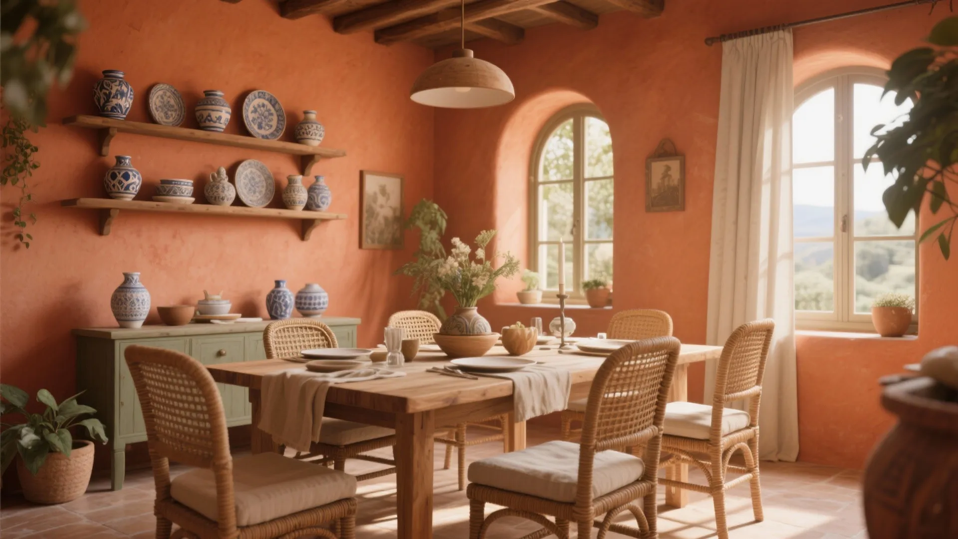 Warm orange dining room with wooden table woven chairs wall shelves decorative pottery and arched windows