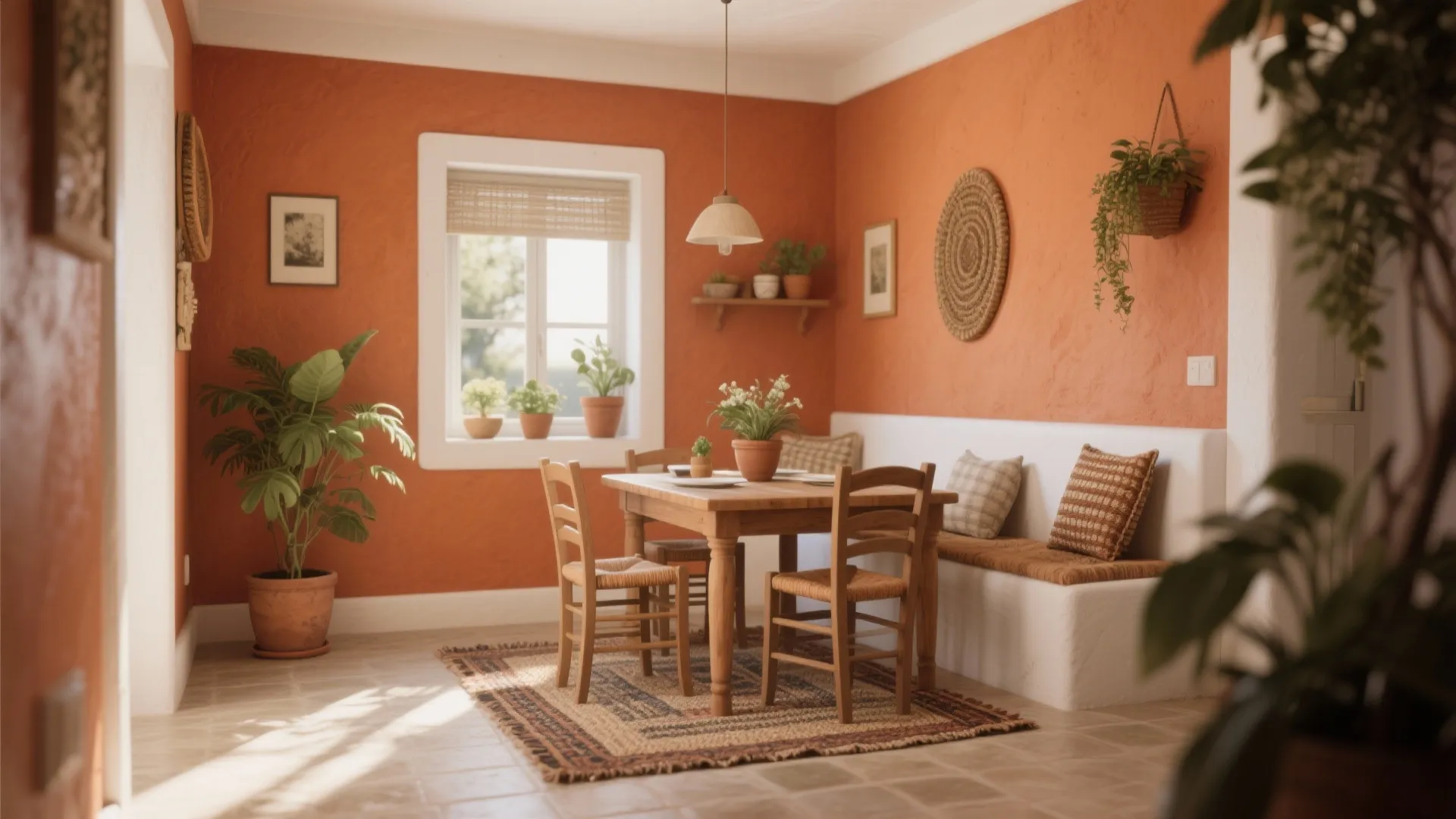 Warm orange dining room with wooden table chairs white bench seat wall light and green plants
