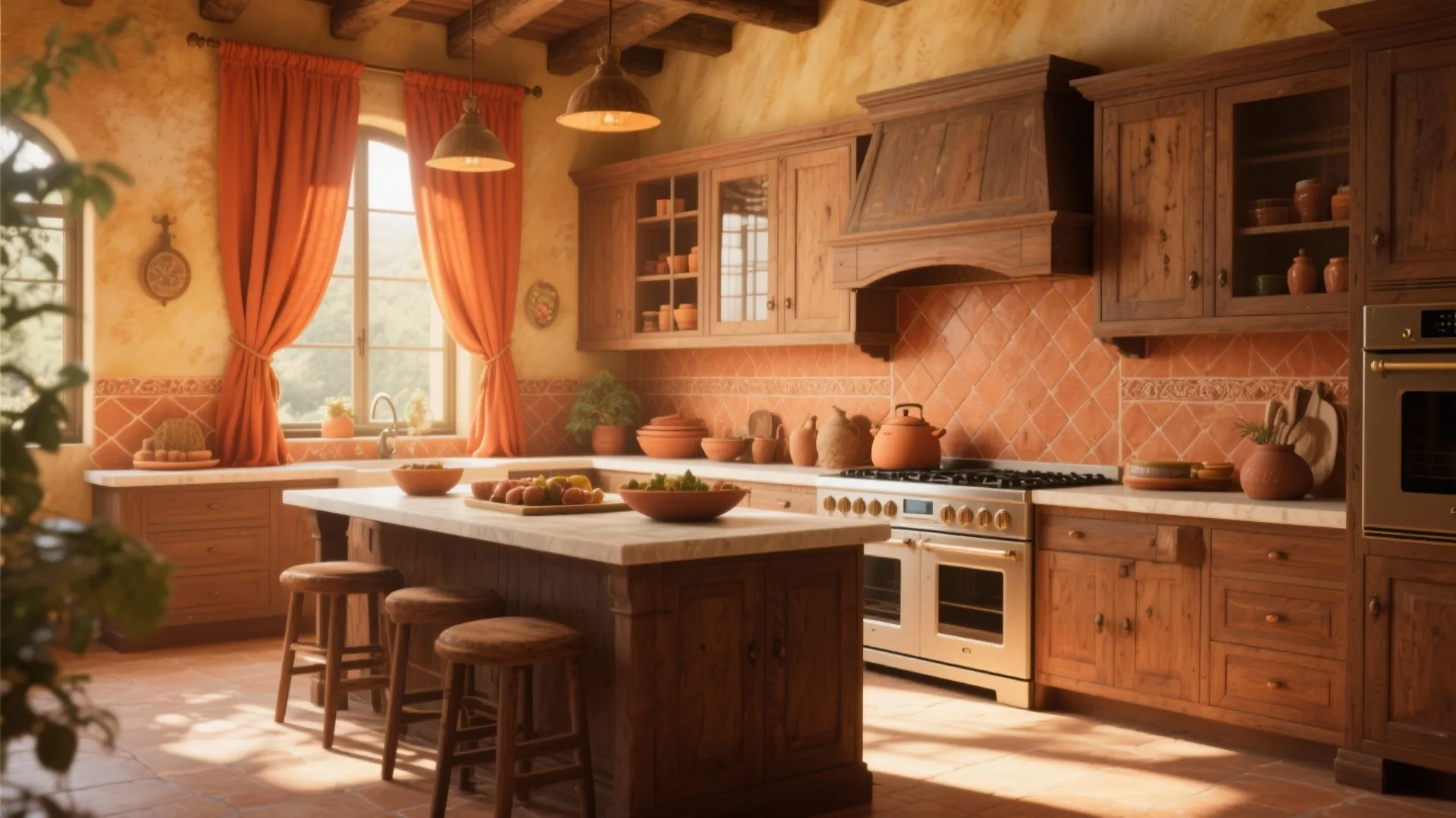 Tuscan kitchen with orange curtains and wooden island including matching cabinets plus warm tile backsplash