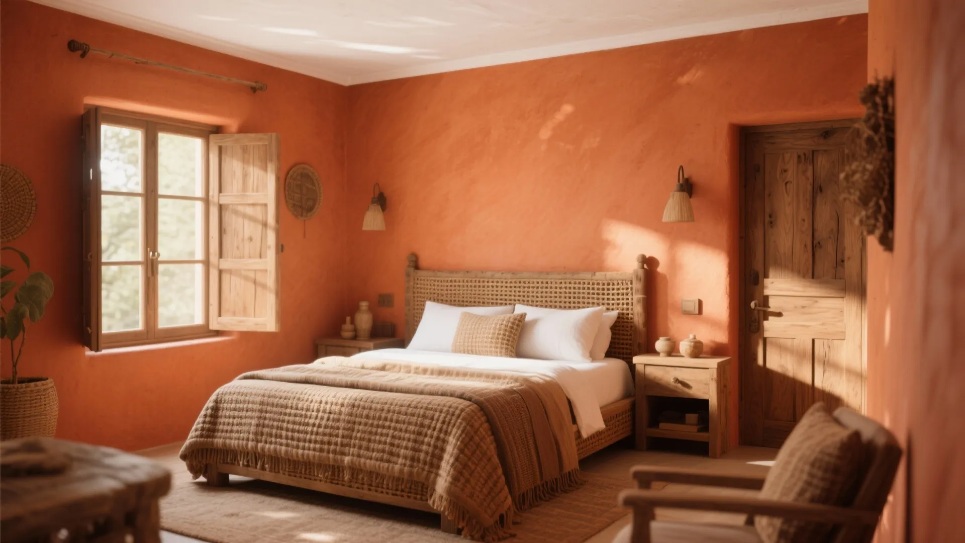 Mediterranean guest bedroom with orange walls, wooden bed, bedside table, wall light, and open window