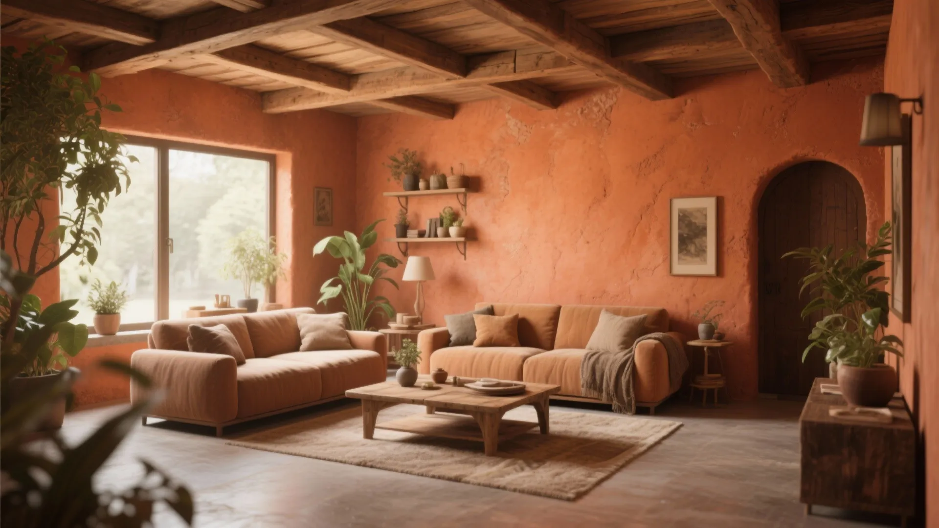Rustic living room with orange walls, wooden ceiling beams, two sofas, coffee table, and plants
