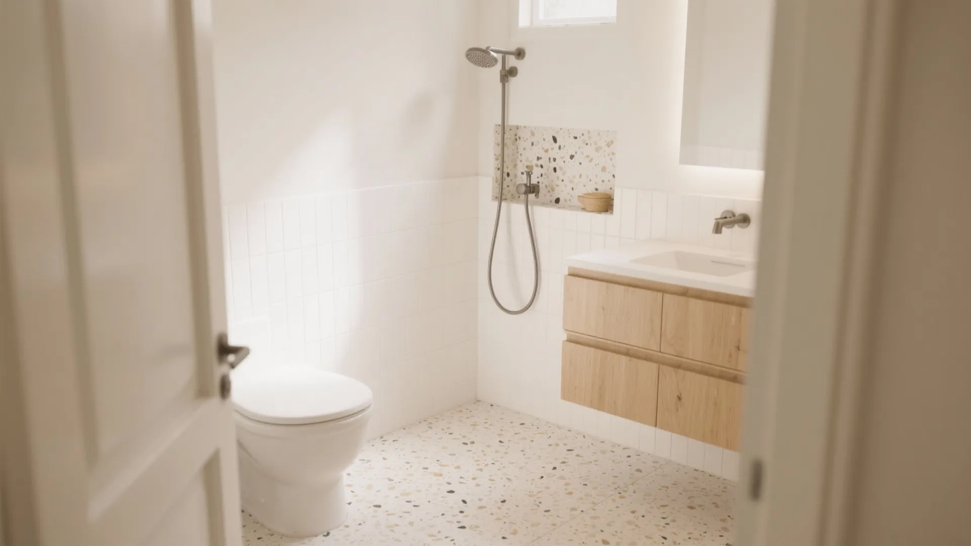Warm Terrazzo and Stone Textures in Small Baths