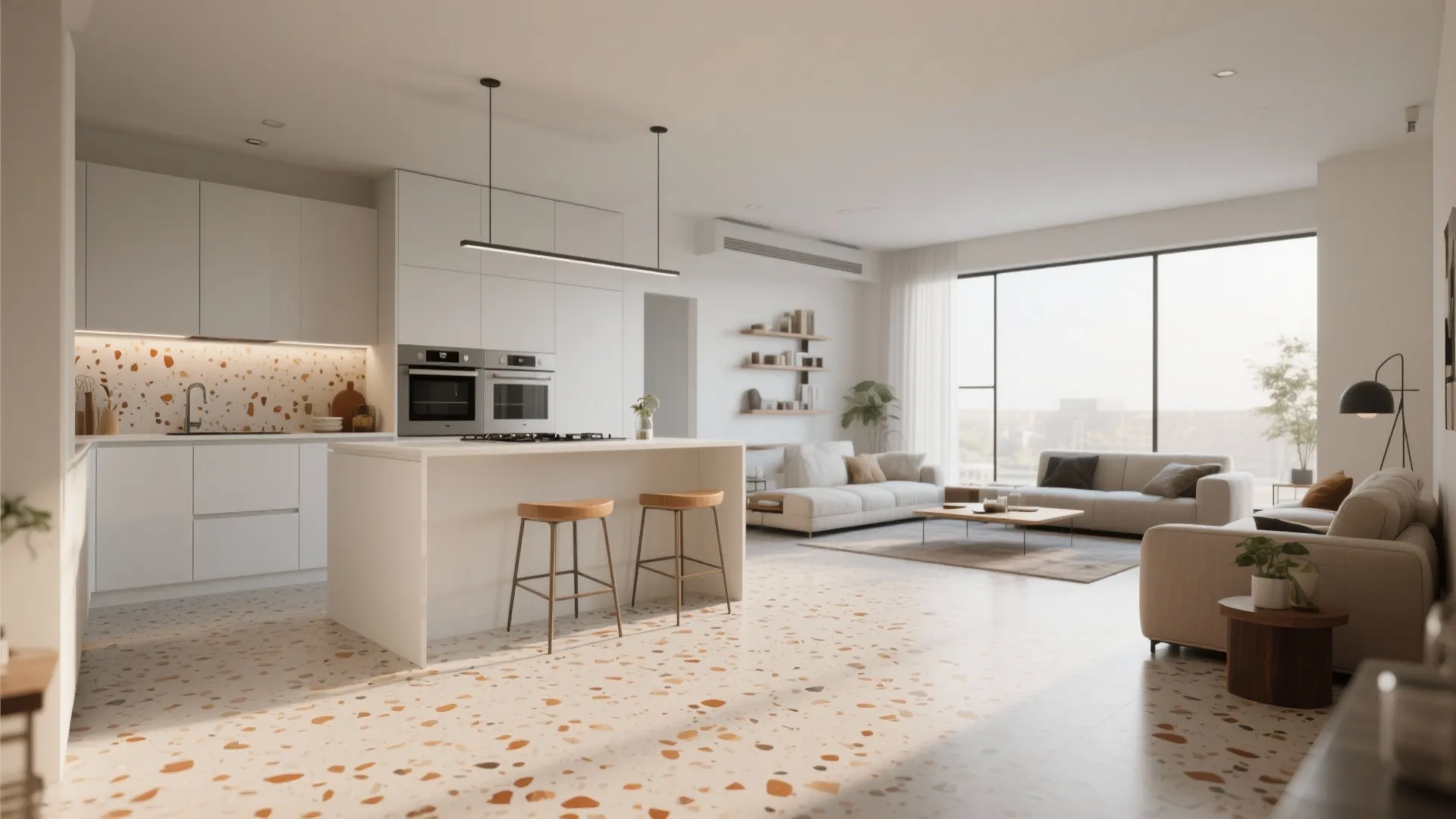 Open plan living room and kitchen featuring terrazzo flooring white island stools sofa and large windows